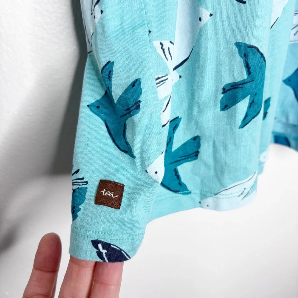 Tea Collection Teal Doves Layered Sleeve Dress Size 8 EUC